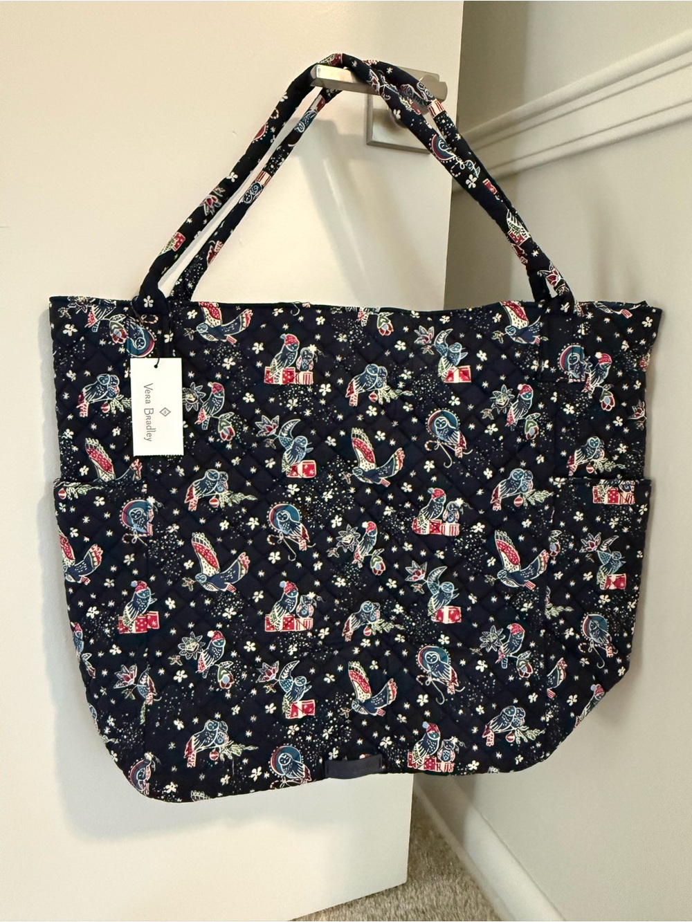 Vera Bradley Navy Holiday Owls Quilted Bright Tote NWT